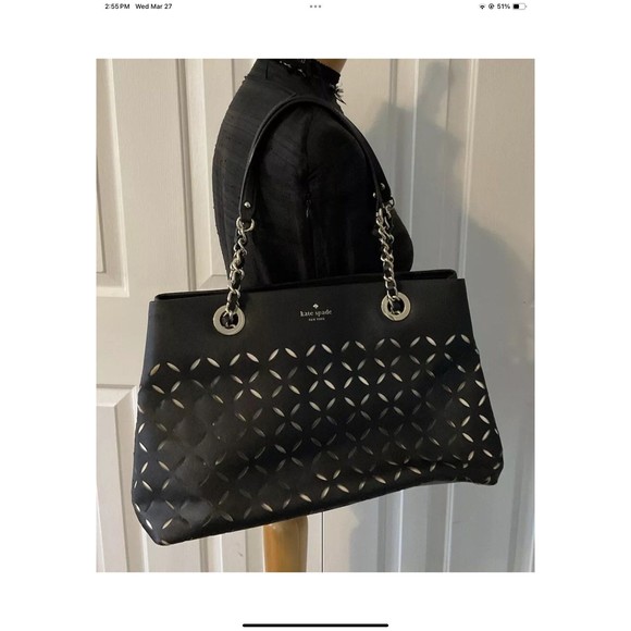 KATE SPADE Black/Gold Leather Double Handle Shoulder Purse/Handbag Large Tote - Picture 1 of 10